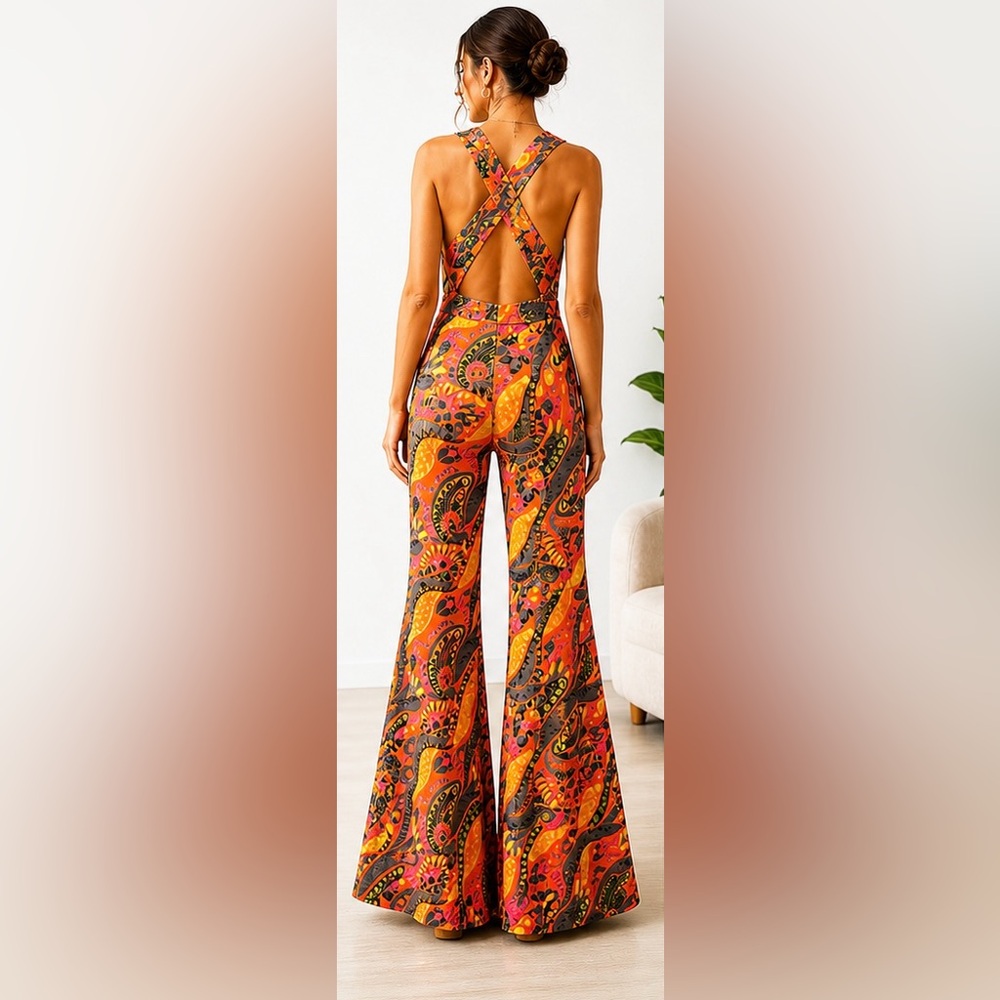 Retro 70’s Orange Paisley Wide Leg Jumpsuit - Picture 2 of 6